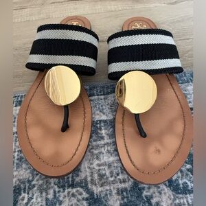 Tory Burch Black and White Striped Sandals with Gold Discs